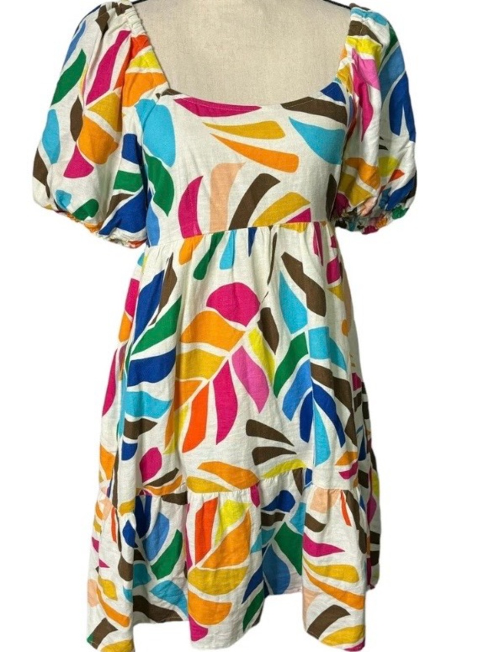 Tabitha Brown Multicolor Leaf-Print Midi Dress with Puff Sleeves